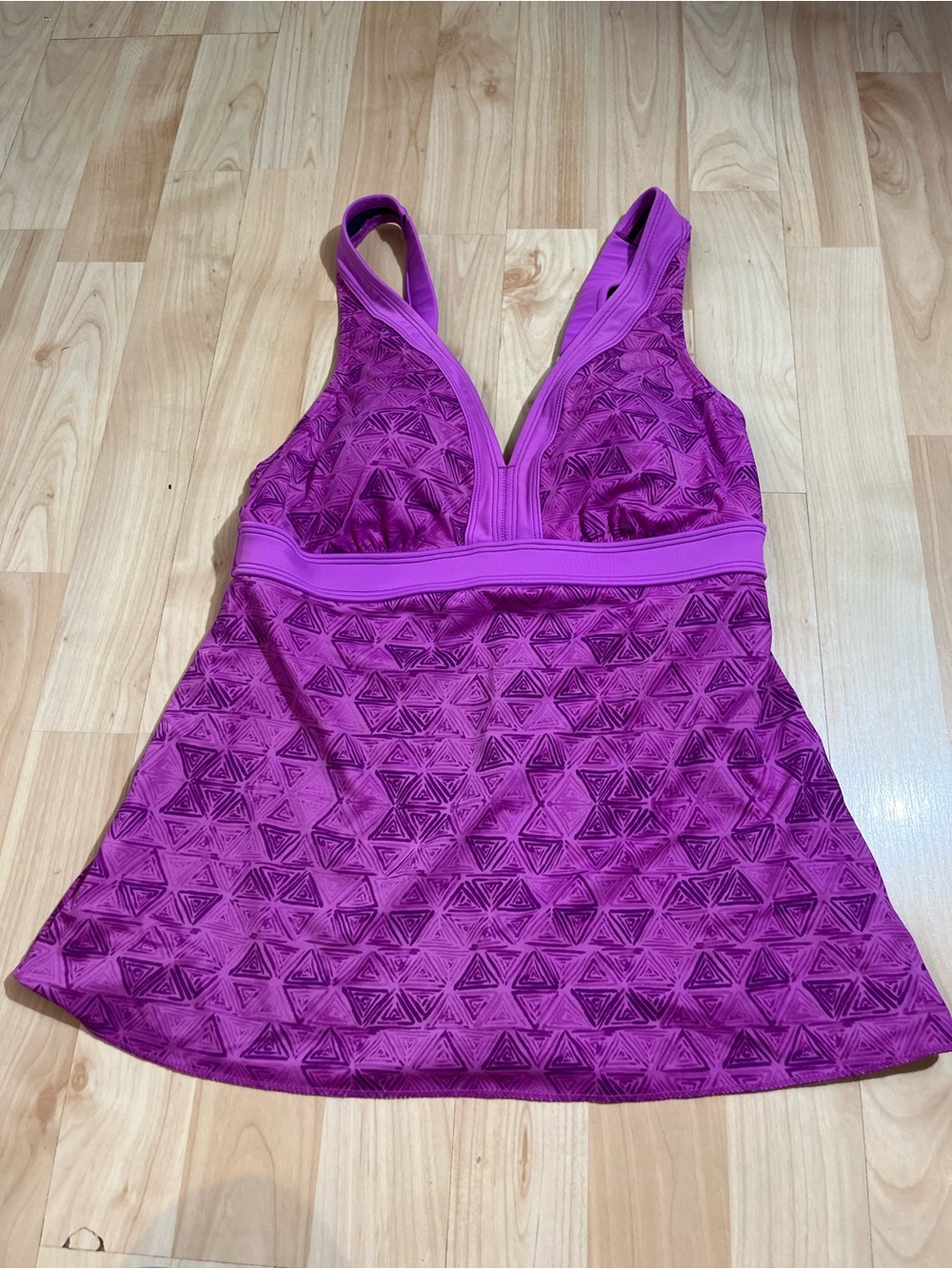 L.L.Bean tankini top features a deep V-neck and a geometric pattern in purple 10